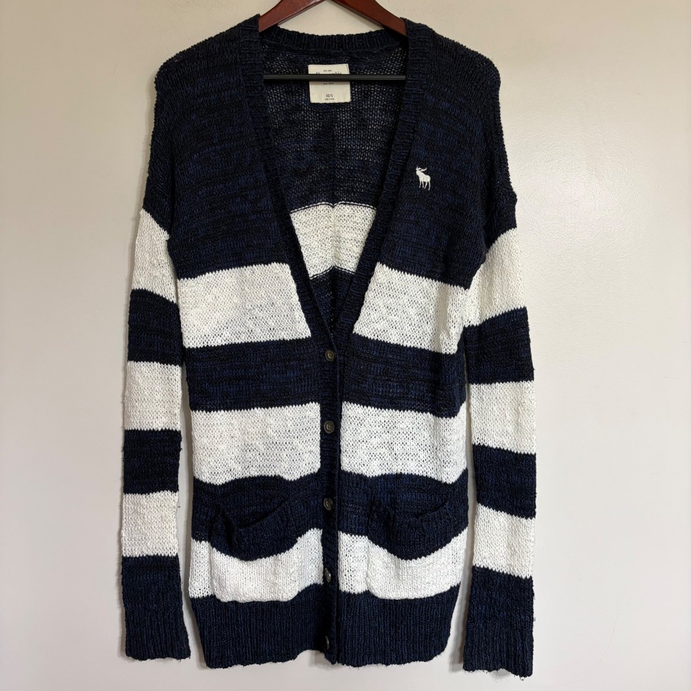 Abercrombie & Fitch Navy Blue White Striped Open Knit Cardigan Sweater XS/S